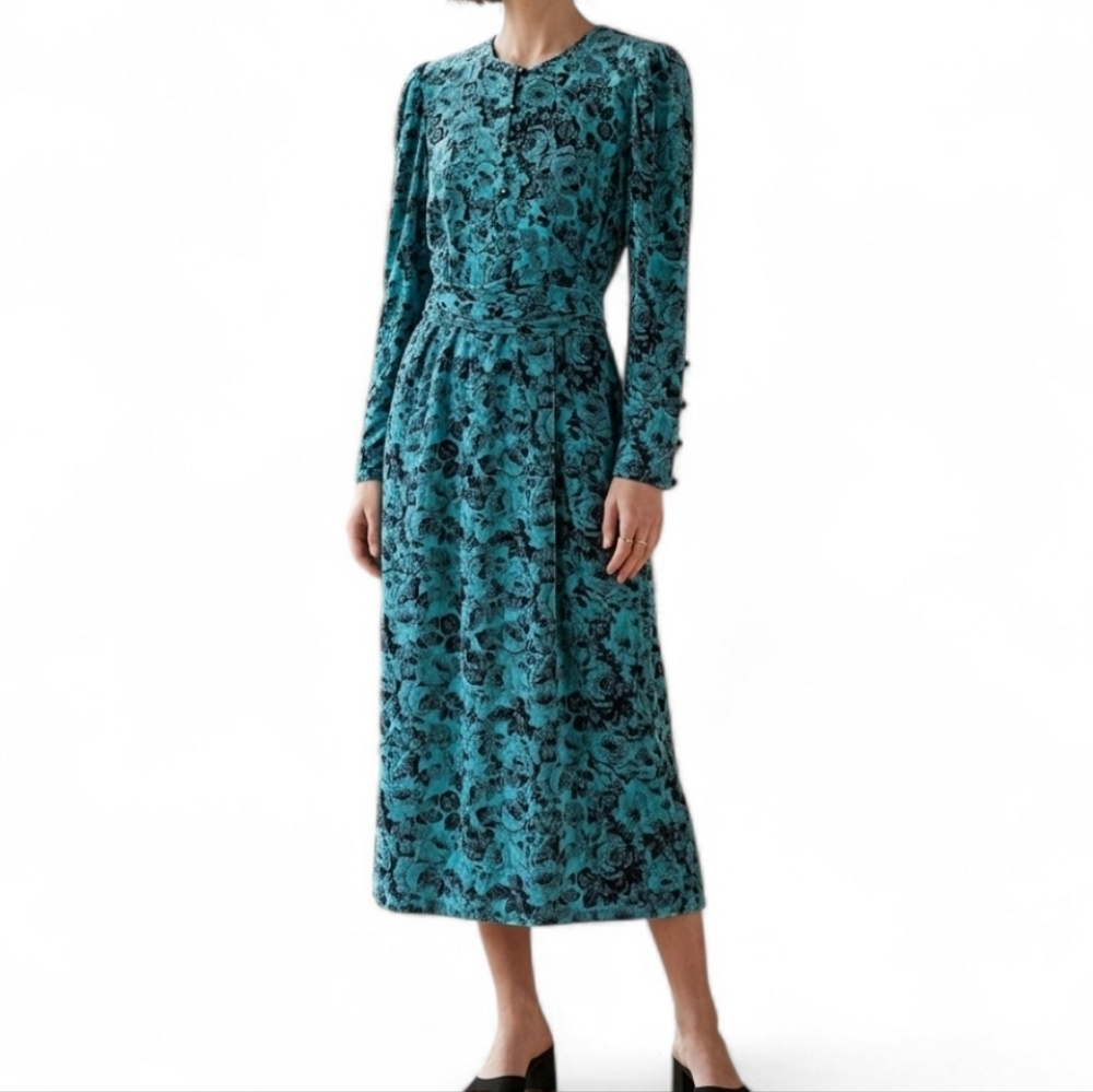 Vintage Floral Maxi Dress with Pockets and Belt - Teal and Black Whimsigoth